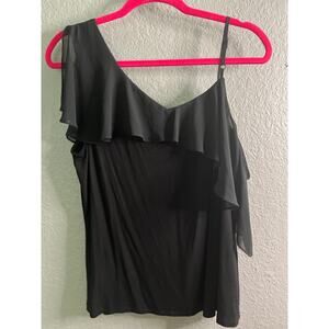 Vince Camuto Blouse Top XL Black Ruffled One Cold Shoulder V-Neck Casual Minimal